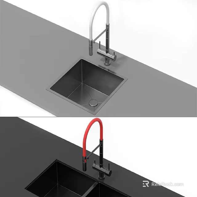 Modern Kitchen Faucet With Stainless Steel Sink And Red Handle On Countertop 3d model 