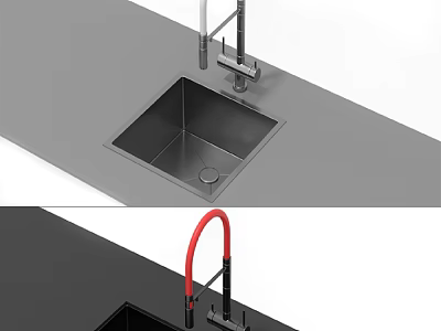Modern Kitchen Faucet With Stainless Steel Sink And Red Handle On Countertop 3d model