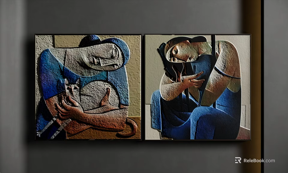 Two Panel Abstract Paintings With Textured Human Figures And Blue Tones 3d model 