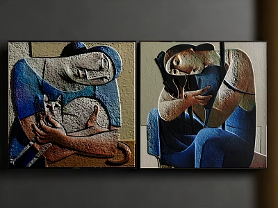Two Panel Abstract Paintings With Textured Human Figures And Blue Tones 3d model