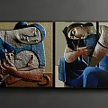 Two Panel Abstract Paintings With Textured Human Figures And Blue Tones