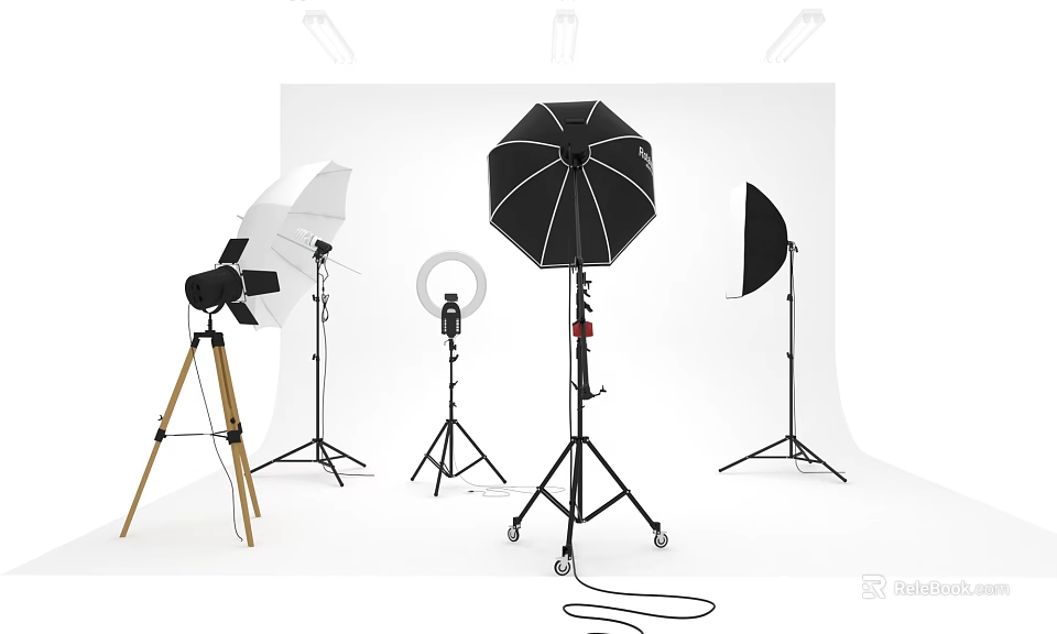 Essential Commercial Photography Lighting Equipment Including Umbrella Ring Lights Softboxes And Tripods For Studio Use 3d model 