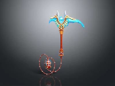 Ornate Mythical Weapon With Blue Winged Spikes And Orange Decorative Handle 3d model