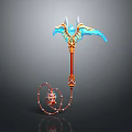 Ornate Mythical Weapon With Blue Winged Spikes And Orange Decorative Handle