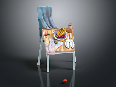Still Life Scene With Chair Holding Fruits Plate Mug And Red Ball On Floor 3d model