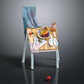 Still Life Scene With Chair Holding Fruits Plate Mug And Red Ball On Floor