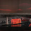 Art Installation Showcasing Red Structures Water Reflection And Sculptural Figure With Mesh Mountain Background