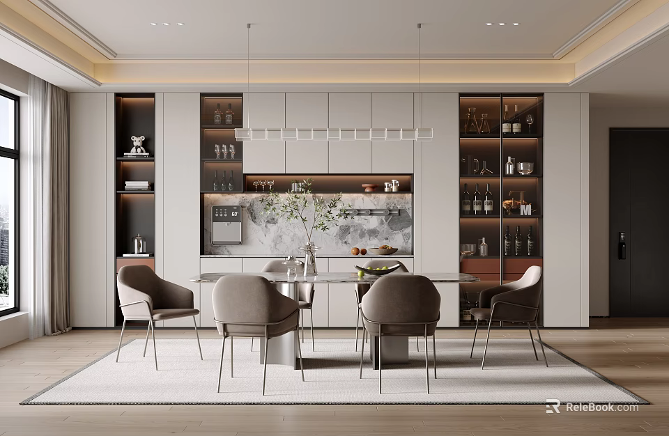 Stylish Modern Restaurant Interior With Dining Table Chairs Pendant Lights Wine Cabinets And Green Plants 3d model 