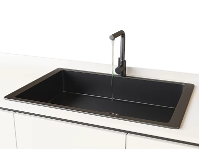 Single Bowl Black Kitchen Sink With Faucet On White Countertop 3d model