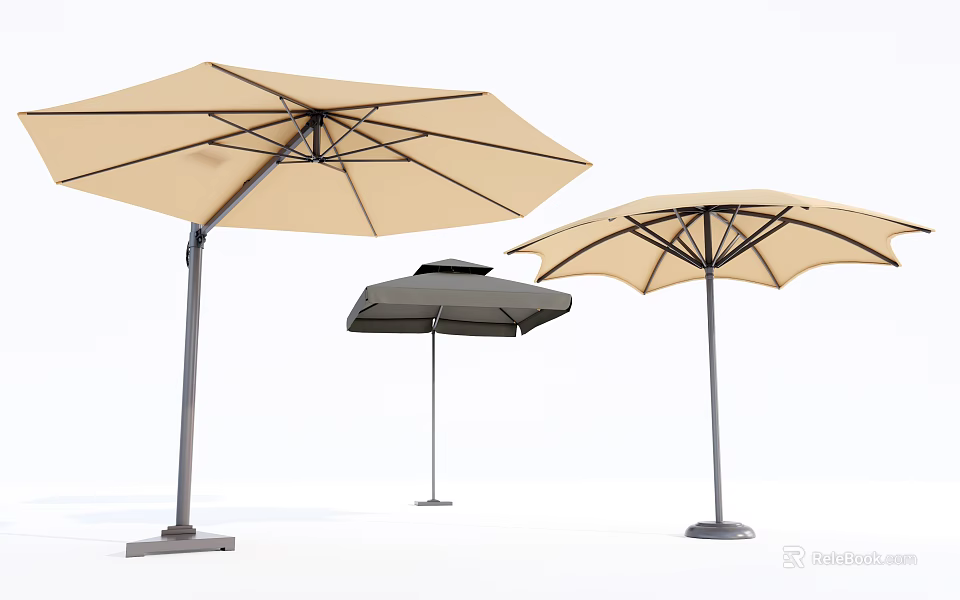 Outdoor Patio Umbrellas in Beige and Black with Sturdy Frames and Stable Bases 3d model 