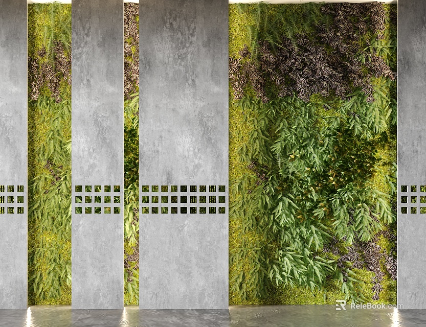 Vertical Living Plant Wall with Grey Concrete Panels and Grid Design 3d model 