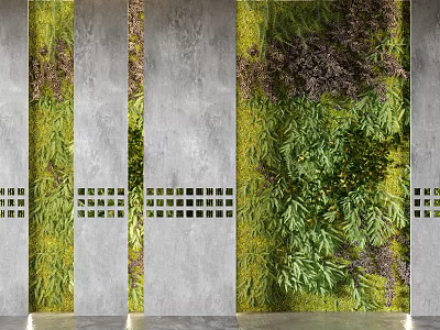 Vertical Living Plant Wall with Grey Concrete Panels and Grid Design 3d model