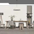 Modern Dining Room Interior With Wooden Table Chairs Pendant Light Floor Lamp Shelf And Plant