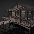 Rustic Elevated Wooden House With Wooden Deck Railings Windows And Roof