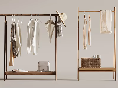 Modern Wooden Clothes Racks With Hanging Clothes Hat Handbag And Storage Basket 3d model