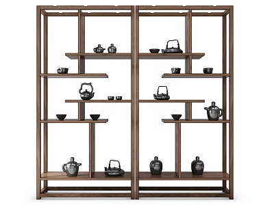 Traditional Wooden Chinese Display Shelf With Teapots And Tea Cups On Layered Shelves 3d model