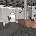 Modern Café Interior with Spiral Column Open Space Staircase and Wooden Display Shelves