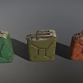 Three Vintage Jerry Cans In Green And Red Colors On Gray Background