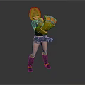 Anime Style Character With Blue Short Hair Black Top Denim Shorts And Yellow Mechanical Glove