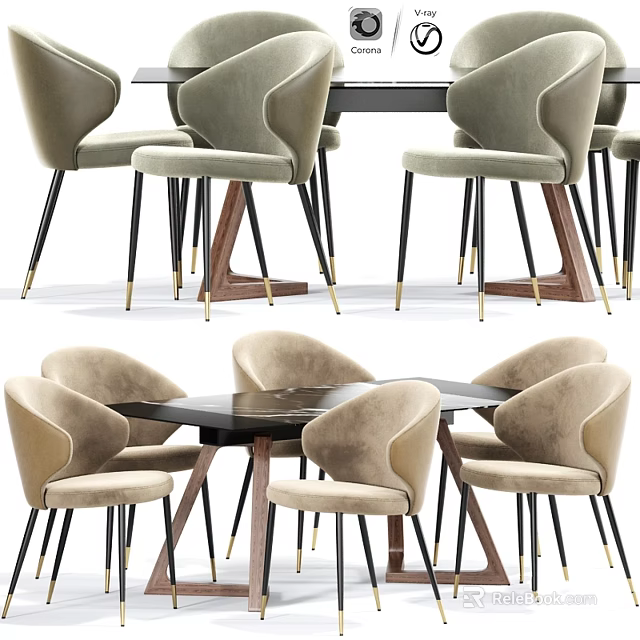 Modern Table and Chair Dining Set With Velvet Upholstered Seats and Metal Legs Design 3d model 