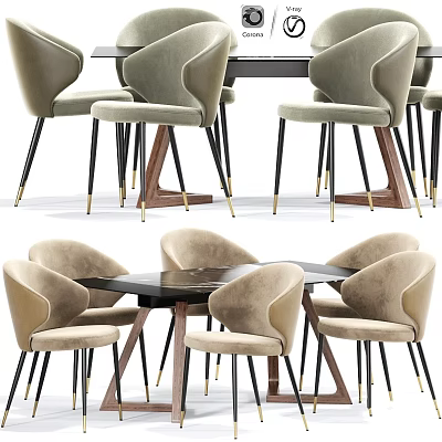 Modern Table and Chair Dining Set With Velvet Upholstered Seats and Metal Legs Design 3d model