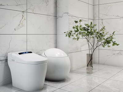 Modern Smart White Toilets Design With Digital Display Marble Walls And Green Plant 3d model