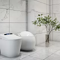 Modern Smart White Toilets Design With Digital Display Marble Walls And Green Plant