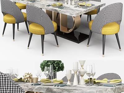 Modern Dining Table Set With Marble Top Houndstooth Chairs Yellow Seats And Decorative Dinnerware 3d model