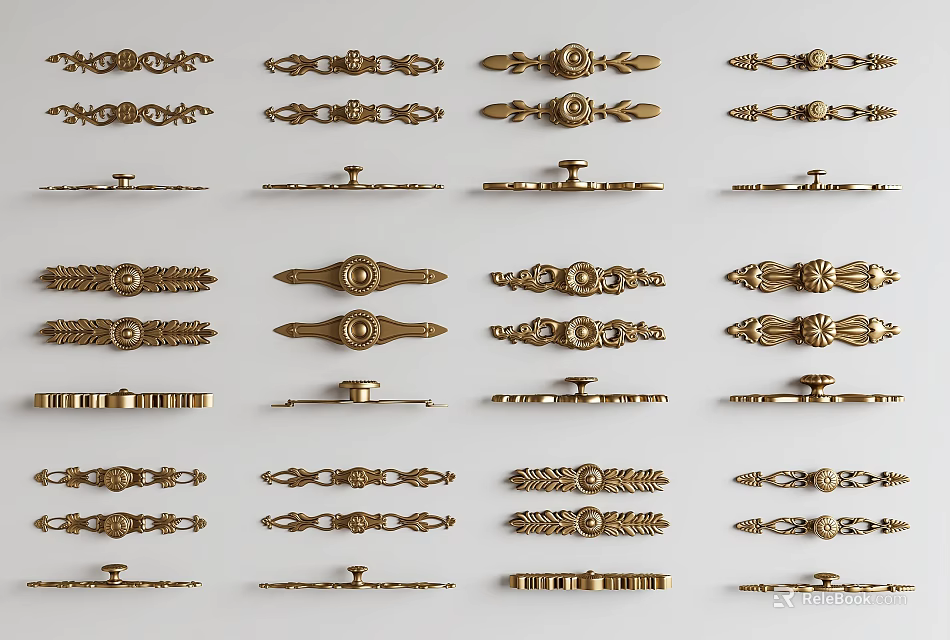 Ornate Decorative Cabinet Handles With Various Classical Patterns And Gold Finishes 3d model 