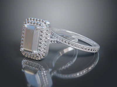Elegant Silver Clothing Accessory Ring With Rectangular Gemstone And Diamond Accents 3d model