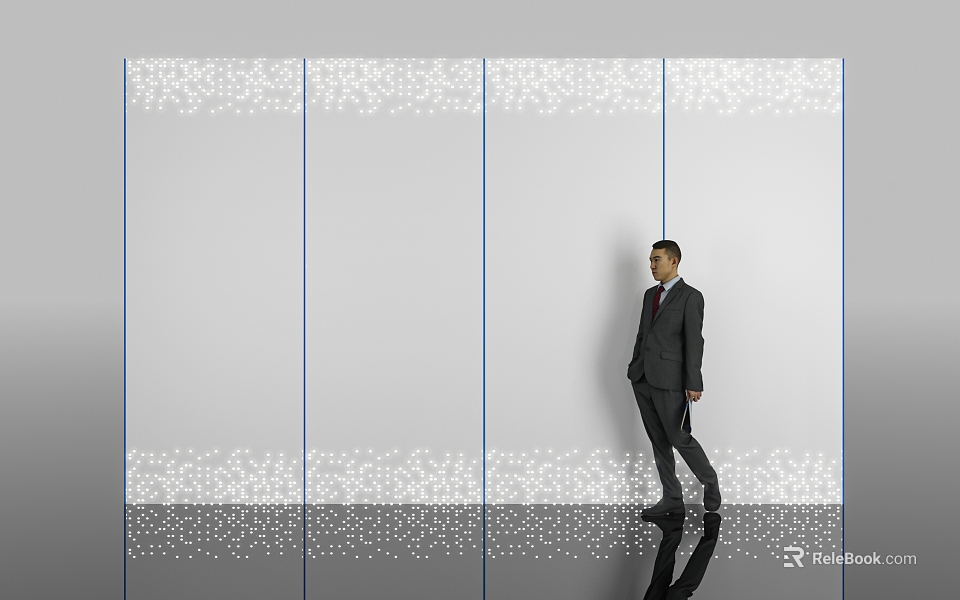 White Background Wall With Blue Lines White Dots Decorations And Man Standing In Front 3d model 
