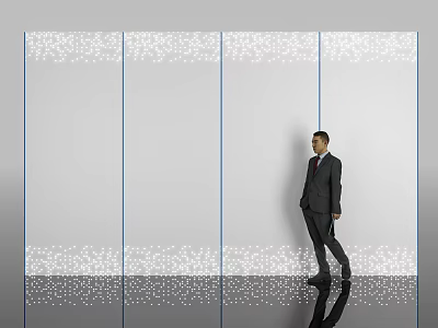 White Background Wall With Blue Lines White Dots Decorations And Man Standing In Front 3d model