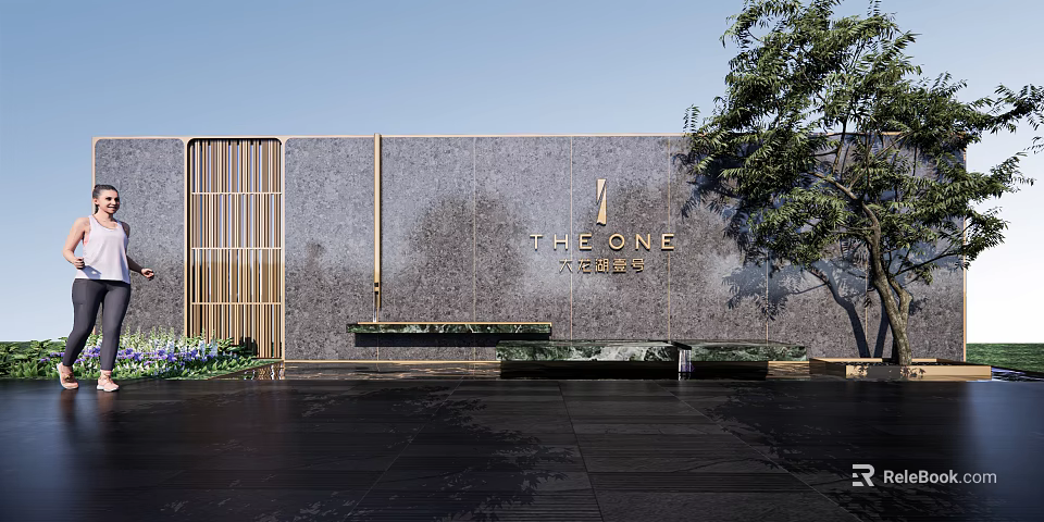 Modern Feature Wall with Stone Surface Golden Accents Wooden Lattice and Water Feature Green Plants 3d model 