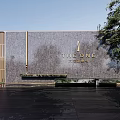 Modern Feature Wall with Stone Surface Golden Accents Wooden Lattice and Water Feature Green Plants