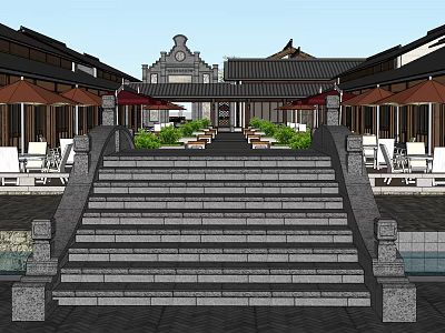Traditional Chinese Commercial Street Featuring Stone Steps Umbrellas And Outdoor Greenery 3d model