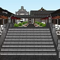 Traditional Chinese Commercial Street Featuring Stone Steps Umbrellas And Outdoor Greenery