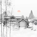 Picturesque Mountain Scenery With Red Sun Traditional House Pine Tree Bamboo And Snowy Landscape