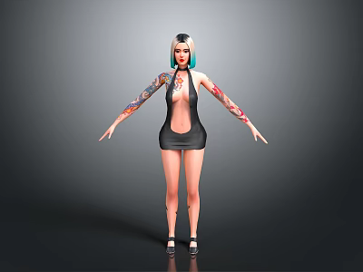 3D Female Character With Double Colored Hair Arm Tattoos Black Sleeveless Dress Open Arms Pose 3d model
