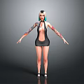 3D Female Character With Double Colored Hair Arm Tattoos Black Sleeveless Dress Open Arms Pose