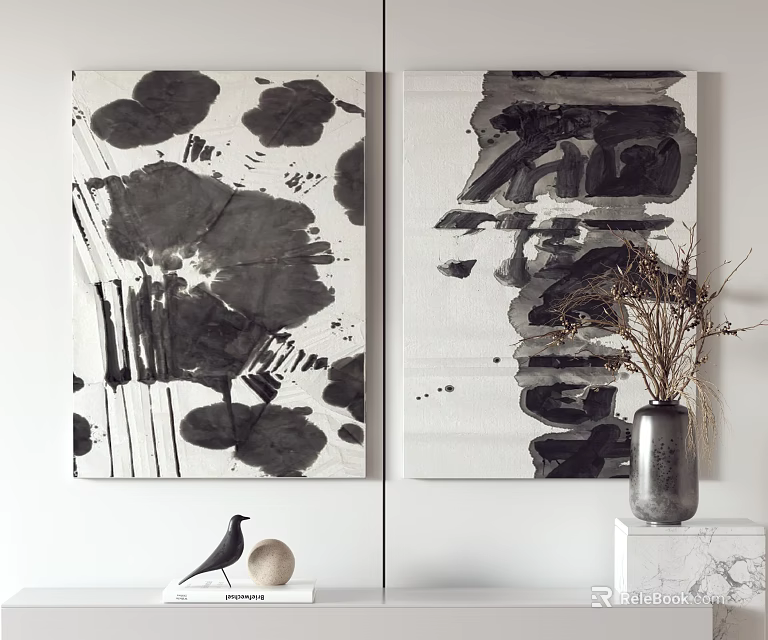 Two Black White Abstract Paintings With Minimalist Decor 3d model