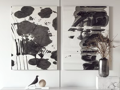 Two Black White Abstract Paintings With Minimalist Decor 3d model