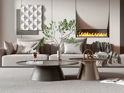 Modern Living Room Interior With Coffee Tables Green Plant And Fireplace 3d model