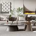 Modern Living Room Interior With Coffee Tables Green Plant And Fireplace