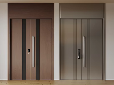 Modern Interior Brown Wooden and Silver Metal Double Doors with Vertical Strips and Handles 3d model