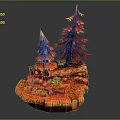 Cartoon Scene Featuring Red Trees Flame Like Design Log And Decorative Orange Red Base