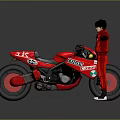 Red Motorcycle With Number 14 And K Logo Next To Figure In Red Outfit