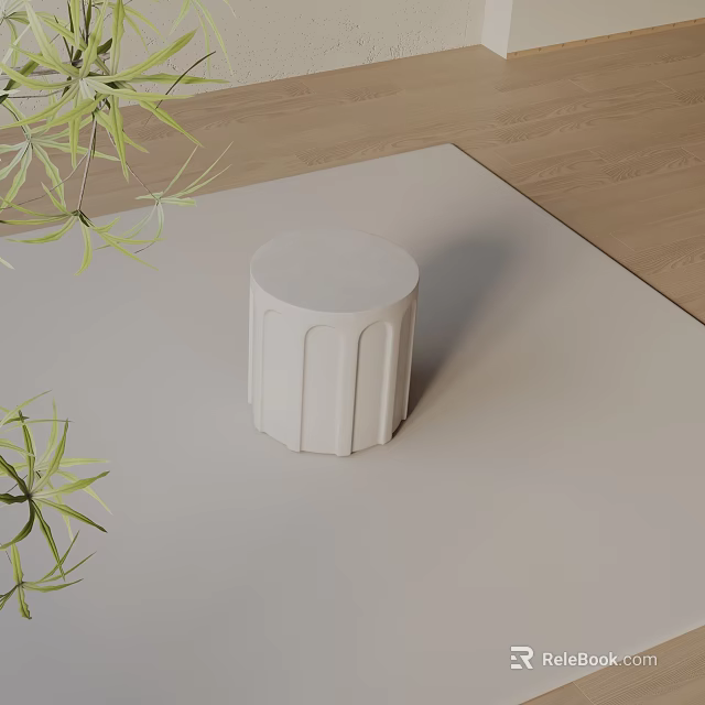 White Cylindrical Fluted Side Table On Light Rug With Green Plant Leaves And Wooden Floor 3d model 