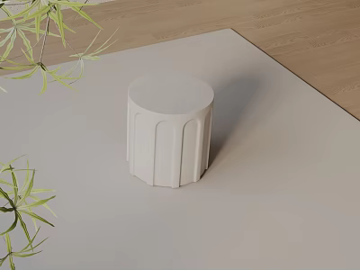 White Cylindrical Fluted Side Table On Light Rug With Green Plant Leaves And Wooden Floor 3d model