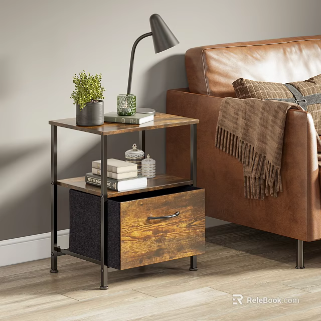 Bedside Table With Wooden Top Metal Frame Potted Plant Books Glass Vase And Drawer 3d model 