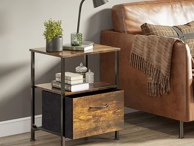 Bedside Table With Wooden Top Metal Frame Potted Plant Books Glass Vase And Drawer 3d model